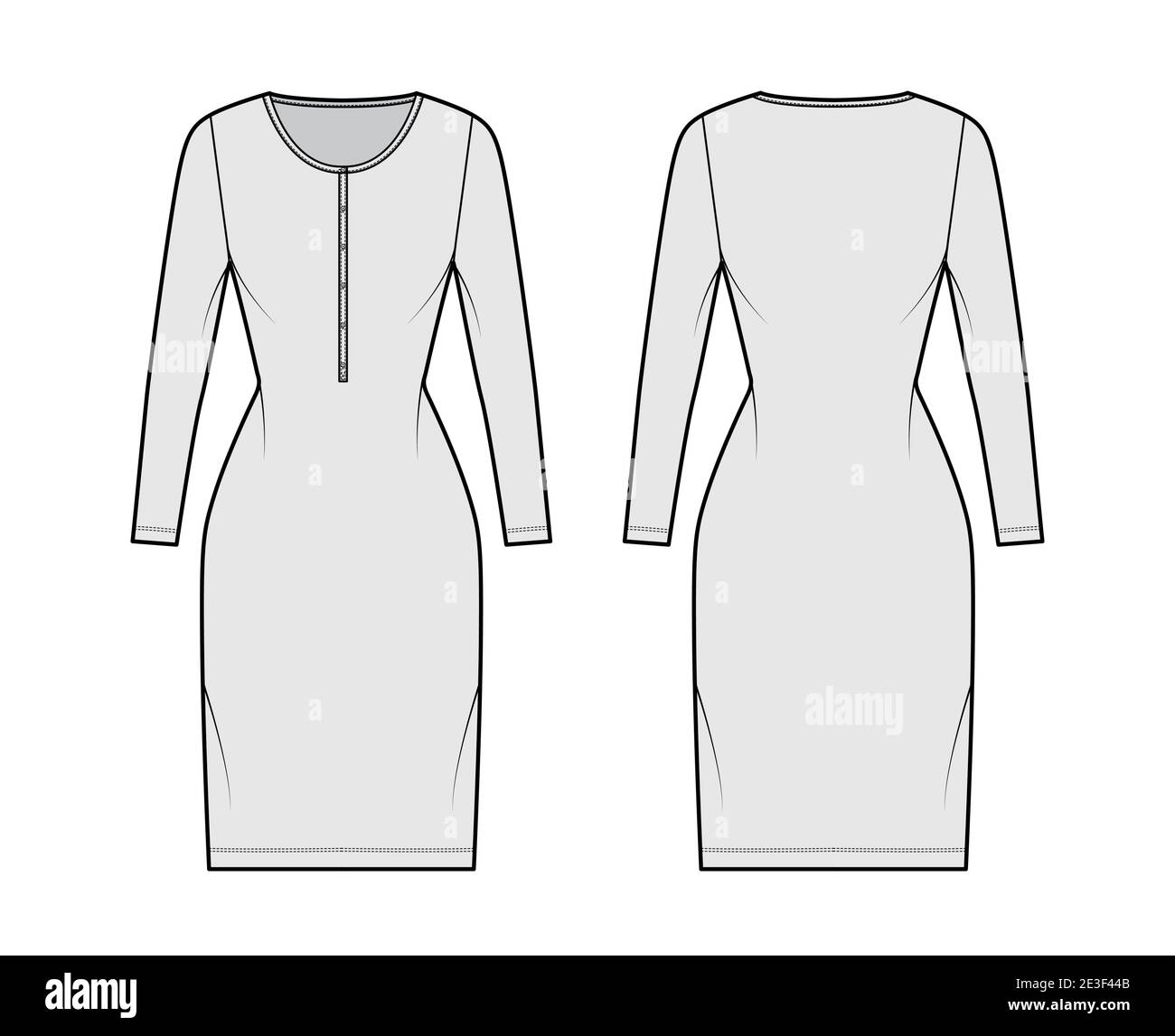 Shirt dress technical fashion illustration with henley neck, long sleeves, knee length, fitted body, Pencil fullness. Flat apparel template front, back, grey color. Women, men, unisex CAD mockup Stock Vector