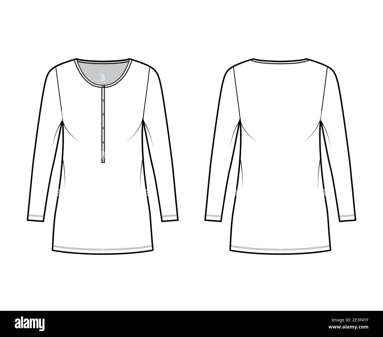 Shirt dress mini technical fashion illustration with henley neck, long sleeves, oversized, Pencil fullness, stretch jersey. Flat apparel template front, back, white color. Women, men unisex CAD mockup Stock Vector