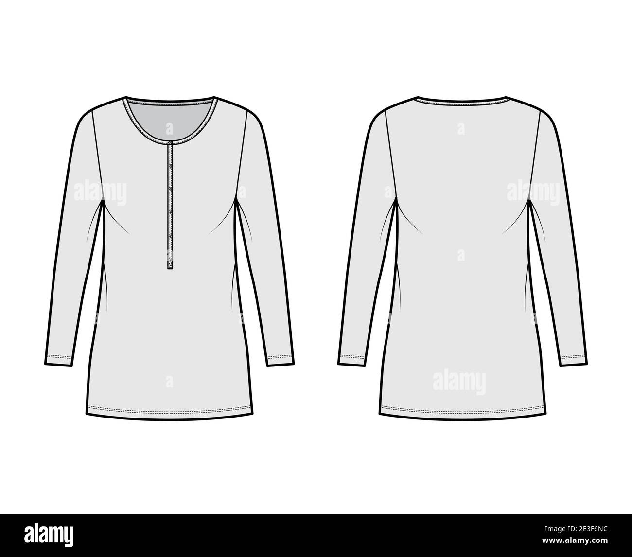 Shirt dress mini technical fashion illustration with henley neck, long sleeves, oversized, Pencil fullness, stretch jersey. Flat apparel template front, back, grey color. Women, men, unisex CAD mockup Stock Vector