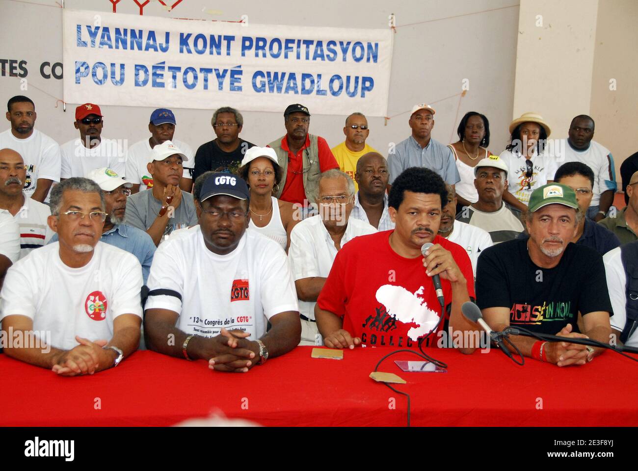 The Collective Against Exploitation (LKP) leader Elie Domota flanked by Alain Plaisir, CTU, Jean-Marie Nomertin CGTG, Rene Beauchamp SPEG during a press conference in Pointe-a-Pitre, Guadeloupe, France on February 19, 2009. Photo by Bernard Boucard/Mediaclic/ABACAPRESS.COM Stock Photo