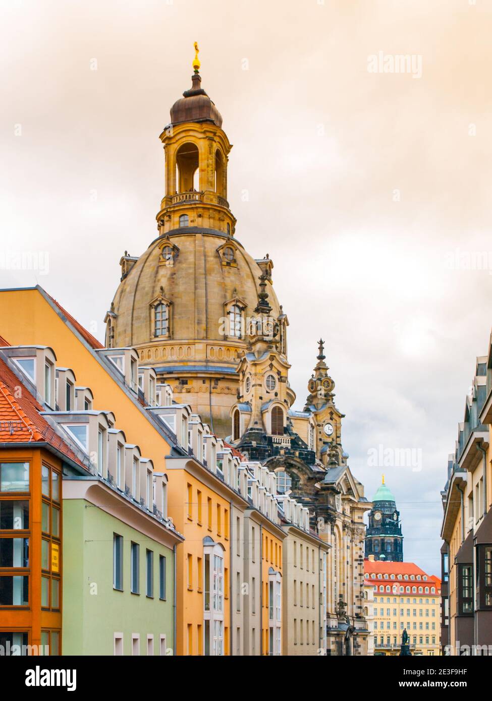 Dome of Dresden Frauenkirche behind buildings of Old Town, Germany Stock Photo