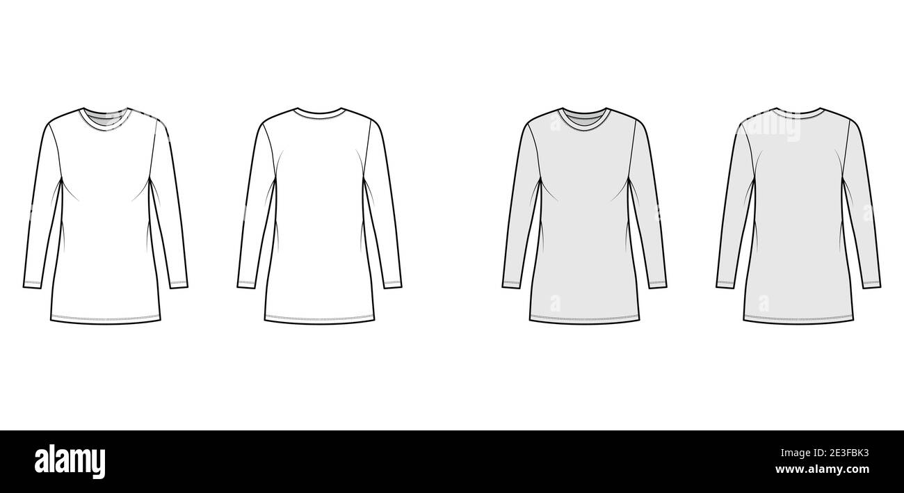 T-shirt dress technical fashion illustration with crew neck, long sleeves, mini length, oversized, Pencil fullness. Flat apparel template front, back, white, grey color. Women, men, unisex CAD mockup Stock Vector