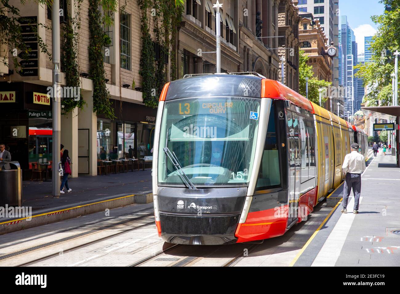 Sydney light rail train travelling along George Street in Sydney city centre,NSW,Australia Stock Photo