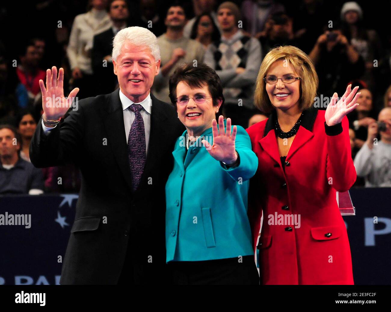(L-R) Former US President Bill Clinton, Billie Jean King and Leslie Visser pose at the 'BNP Paribas Showdown For The Billie Jean King Cup' matches at Madison Square Garden in New York City, NY, USA on March 2, 2009. The event benefits the Dream Vaccines Foundation and Women's Sports Foundation. Photo by Donna Ward/ABACAPRESS.COM Stock Photo