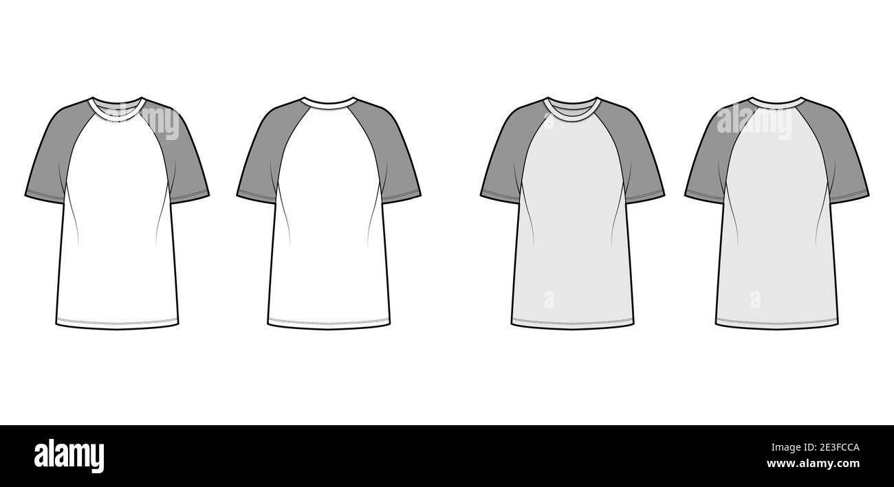 T-shirt baseball technical fashion illustration with raglan sleeves, tunic  length, crew neck, oversized. Flat apparel top outwear template front,  back, white, grey color. Women men unisex CAD mockup Stock Vector Image &