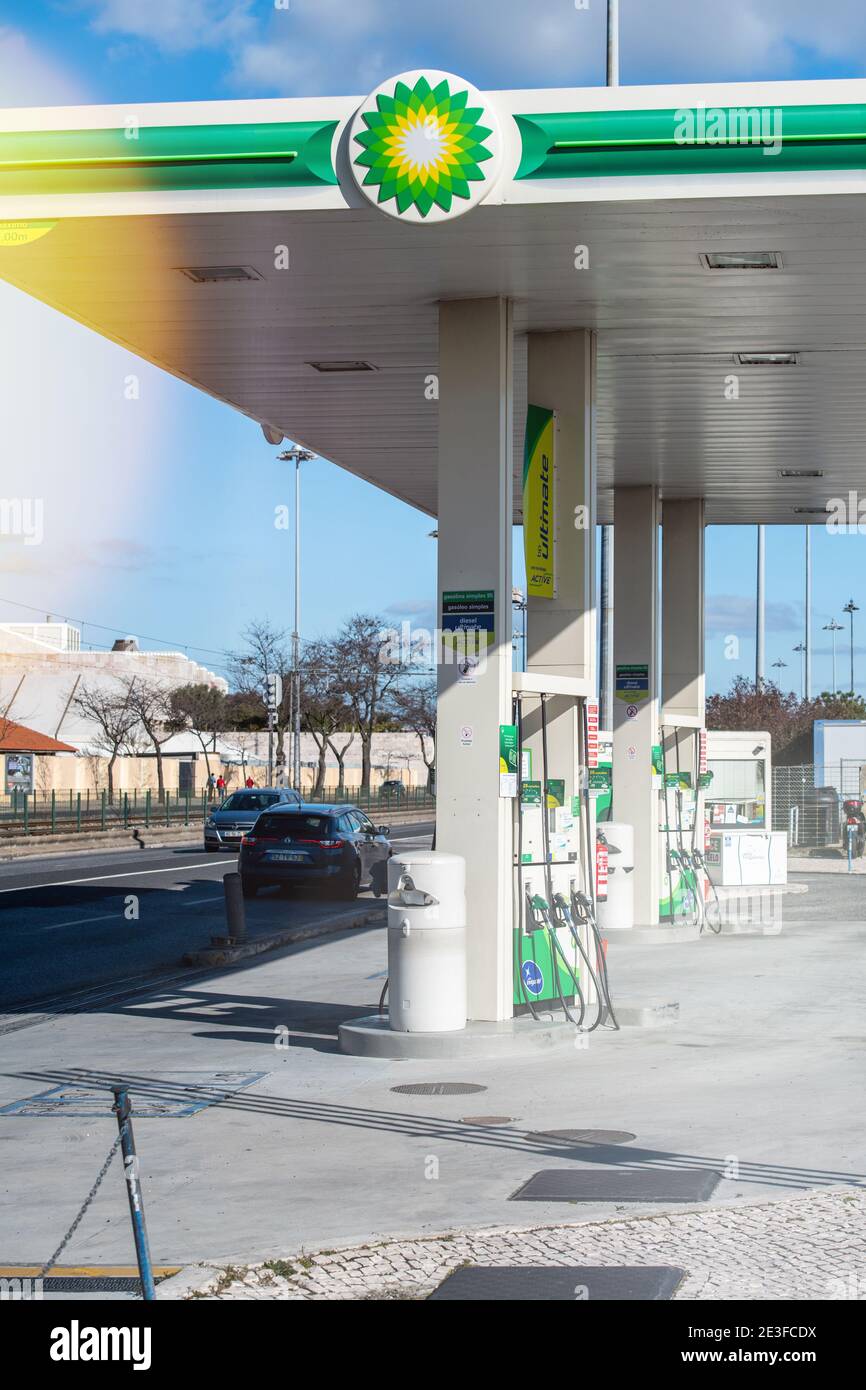Lisbon, Portugal - Feb 10, 2018: Front view of BP British petroleum gas station with no customers on a warm winter day in Lisbon Stock Photo