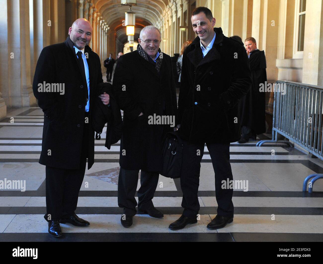Yvan Colonna's laywers Pascal Garbarini, Antoine Sollacaro and Gilles Simeoni pose at the Paris courthouse to attend the Yvan Colonna Trial, in Paris, France, on March 6, 2009. Photo by Mousse/ABACAPRESS.COMat the Paris courthouse to attend the Yvan Colonna Trial, in Paris, France, on March 6, 2009. Photo by Mousse/ABACAPRESS.COM Stock Photo