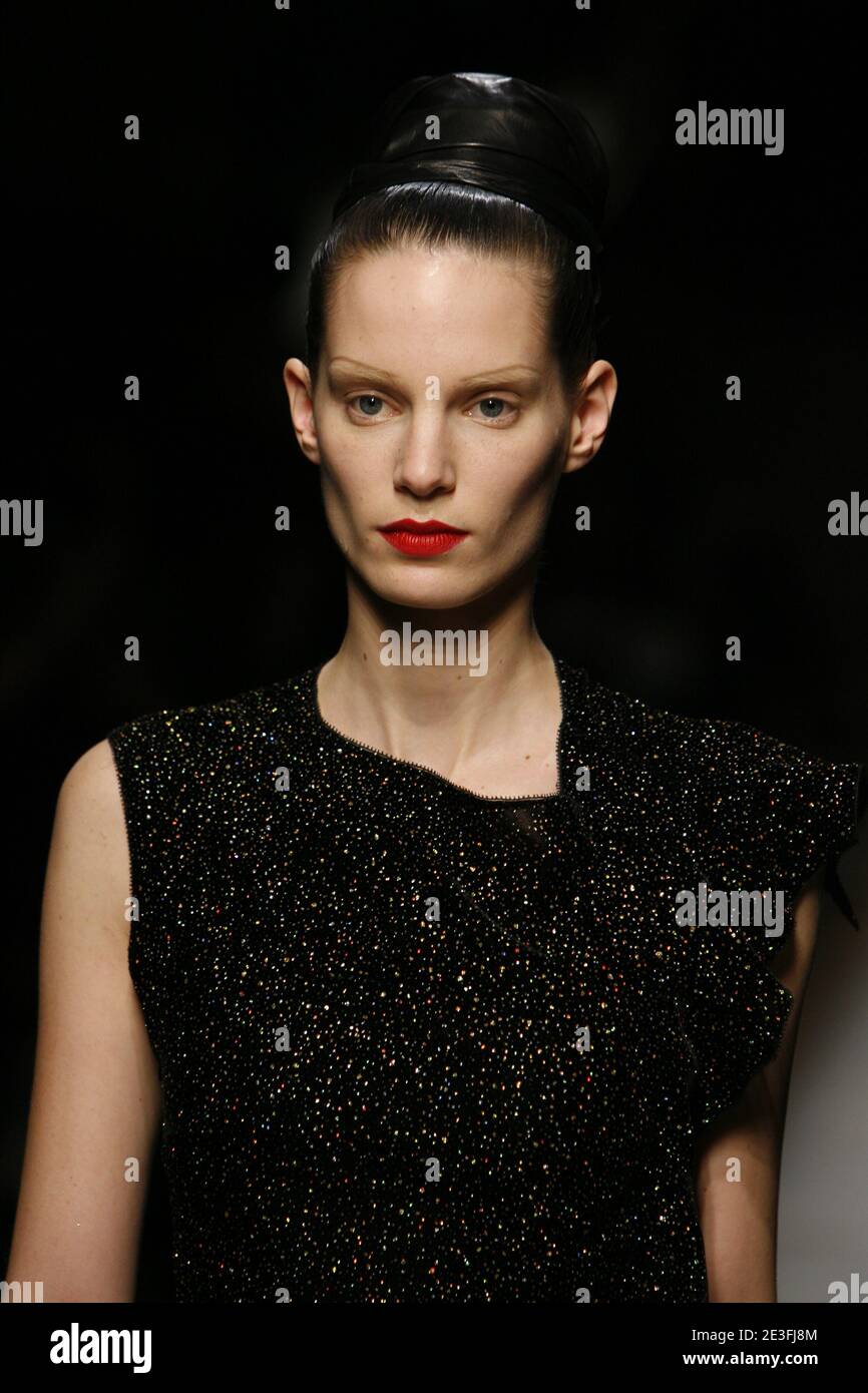 Iris Strubegger displays a creation by designer Stefano Pilati for Yves Saint-Laurent Fall-Winter 2009/2010 ready-to-wear collection show held at the Palais de Tokyo in Paris, France on March 9, 2009. Photo by Alain-Gil Gonzalez/ABACAPRESS.COM Stock Photo