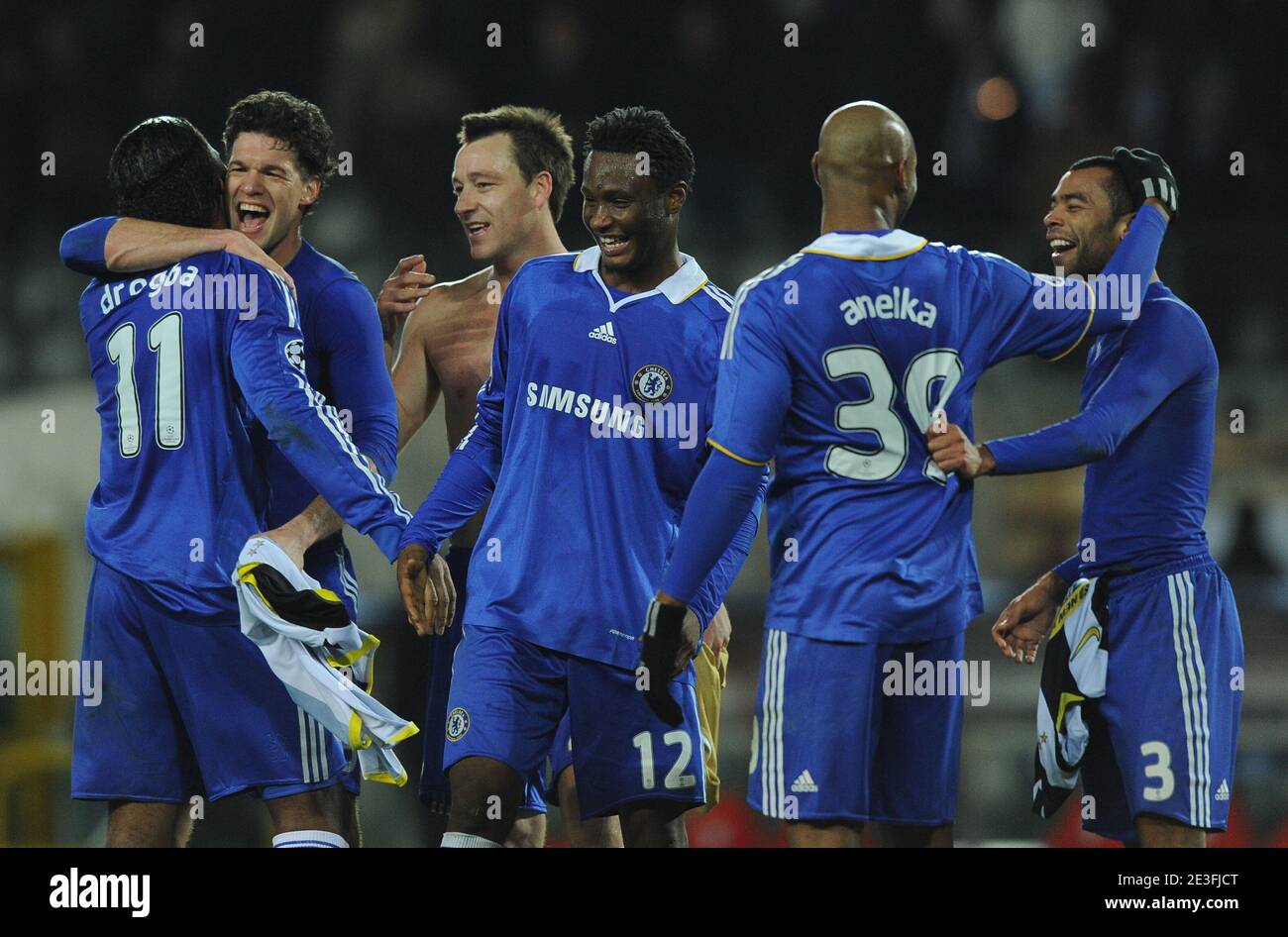 Chelsea's Didier Drogba, Frank Lampard, John Terry, John Mikel Obi, Nicolas Anelka and Ashley Cole celebrate after the final whistle the Champions League second leg first knockout round soccer match, Juventus vs Chelsea at the Olympic stadium in Turin, Italy on March 10, 2009. The match ended in a 2-2 draw and Chelsea goes through on aggregate. Photo by Steeve McMay/ABACAPRESS.COM Stock Photo