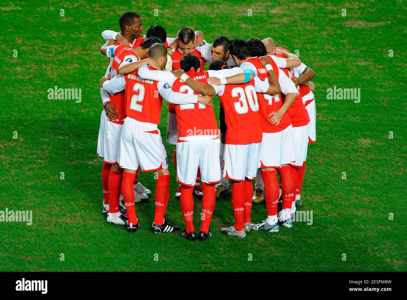 Braga's prayer before the UEFA Cup 1/8 finals soccer match, PSG vs Braga at the Parc des Princes in Paris, France on March 12, 2009. PSG and Braga draw 0-0. Photo by Henri Szwarc/ABACAPRESS.COM Stock Photo