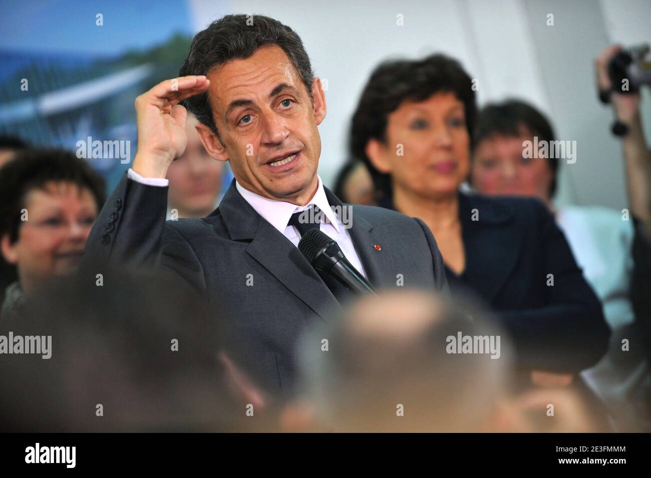 French President Nicolas Sarkozy delivers a speech during a visit at the Rambouillet hospital, suburb of Paris, on March 13, 2009. Photo by Mousse/ABACAPRESS.COM Stock Photo