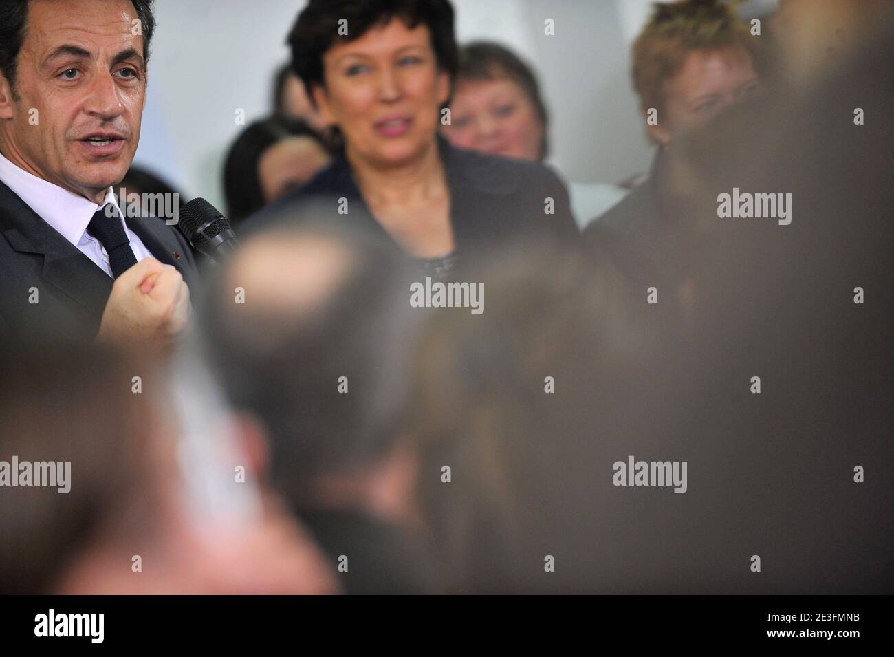 French President Nicolas Sarkozy delivers a speech during a visit at the Rambouillet hospital, suburb of Paris, on March 13, 2009. Photo by Mousse/ABACAPRESS.COM Stock Photo