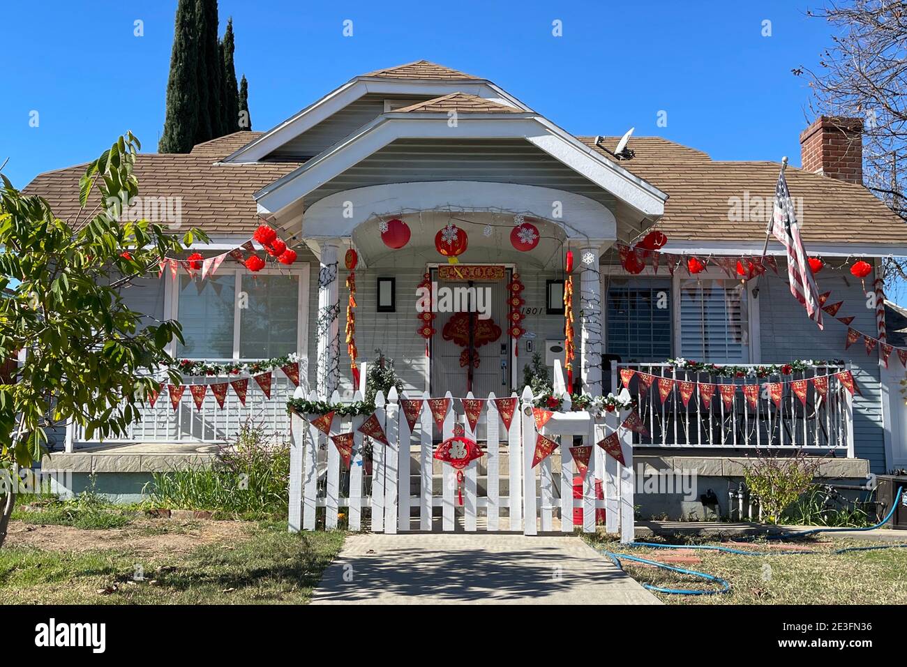 A house with Chinese New Year decorations, Monday, Jan. 18, 2021, in Alhambra, Calif. Stock Photo