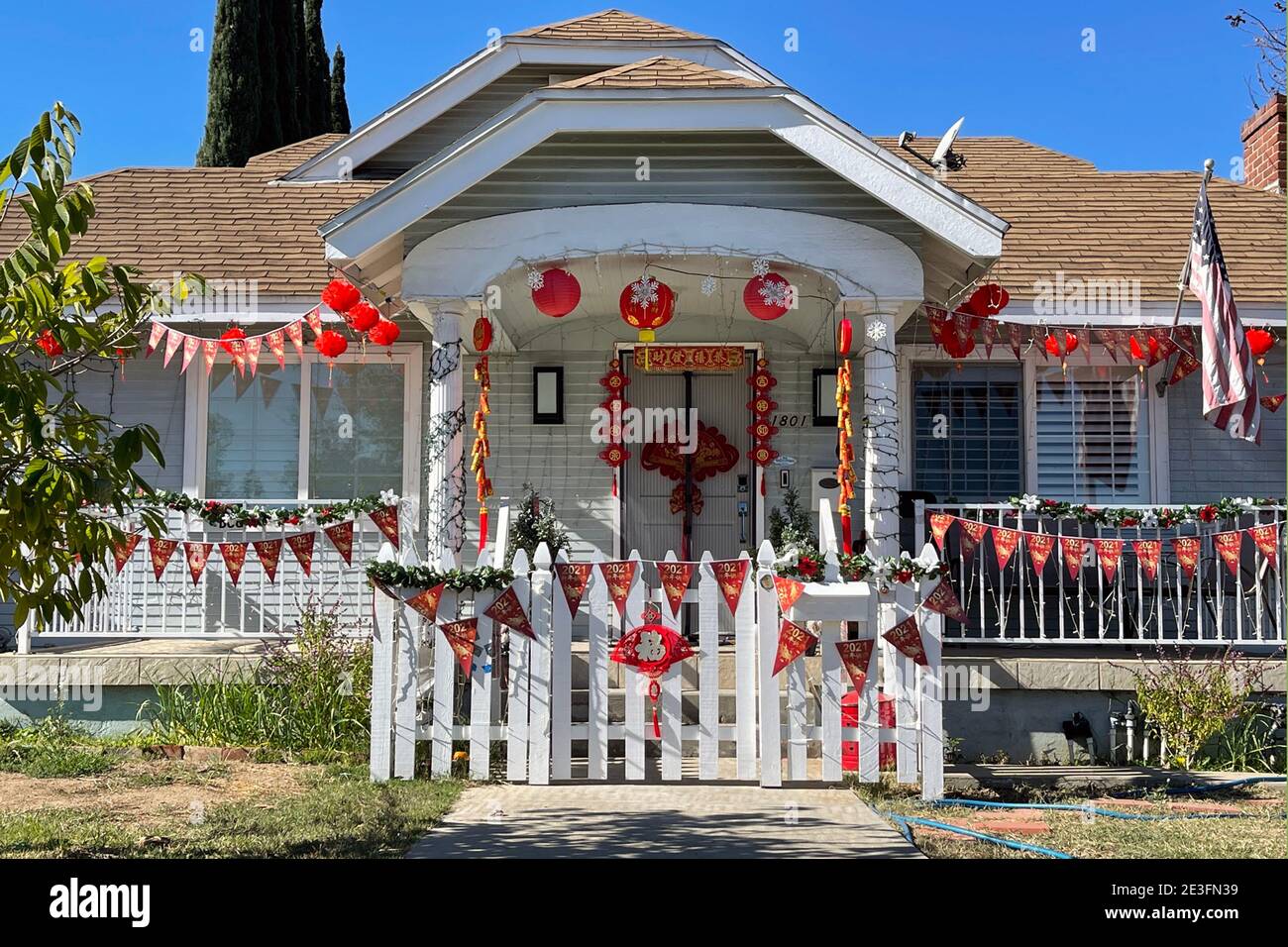 A house with Chinese New Year decorations, Monday, Jan. 18, 2021, in Alhambra, Calif. Stock Photo