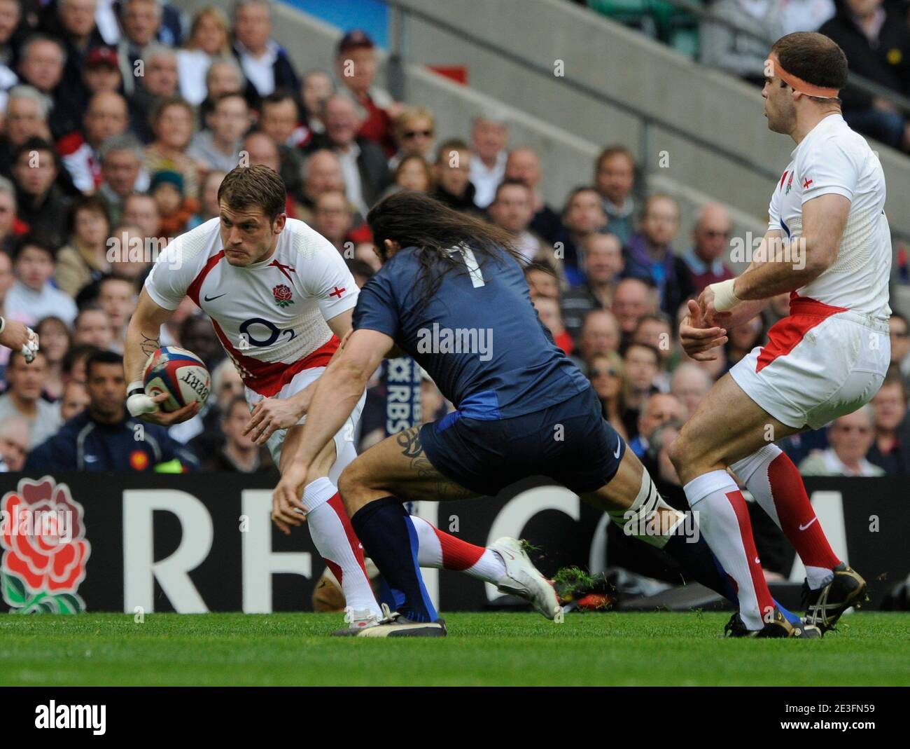 Try by Mark Cueto during the RBS 6 Nations Championship 2009 Rugby match, England vs France at the Twickenham stadium in London, UK on March 15, 2009. England won 34-10. Photo by Henri Szwarc/ABACAPRESS.COM Stock Photo