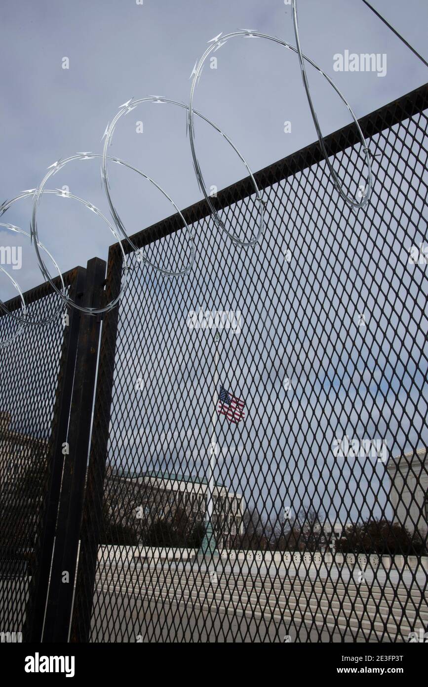 Washington ,DC, January 18, 2021, USA: The US Supreme Court is surrounded by fences and razor wire In preparation for the Presidential Inaugural Cerem Stock Photo
