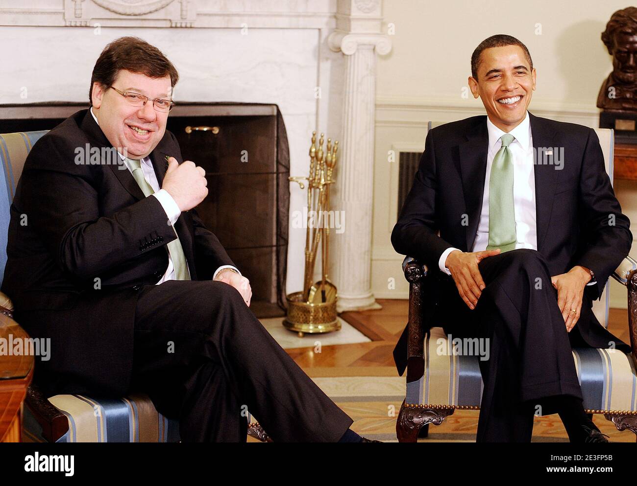 US President Barack Obama meets with Irish Taoiseach (Prime Minister) Brian Cowen in the Oval Ofice at the White House in Washington DC, USA on March 17, 2009. Photo by Olivier Douliery/ABACAPRESS.COM Stock Photo