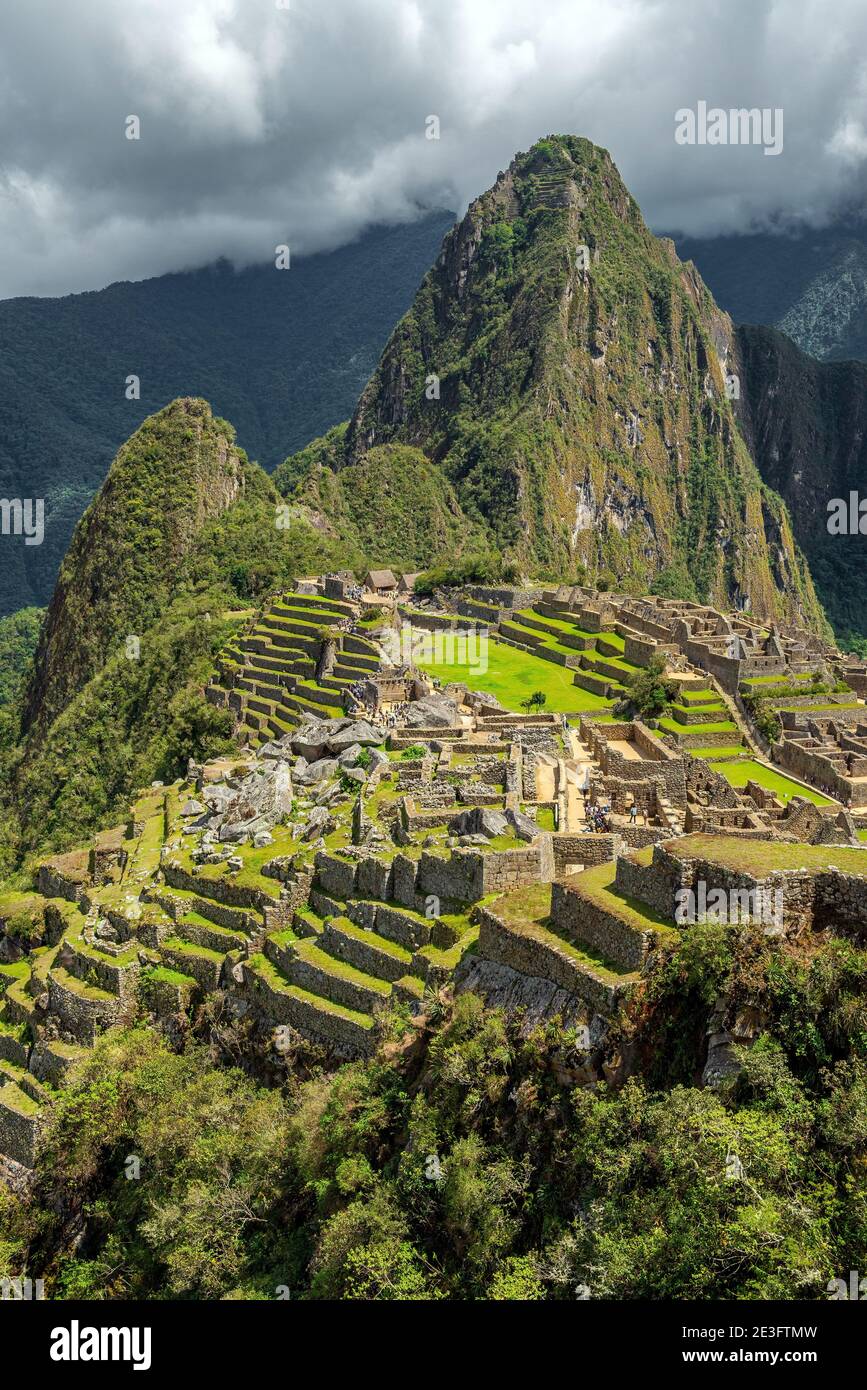 Vertical Machu Picchu Inca Ruin, Cusco, Peru. Stock Photo