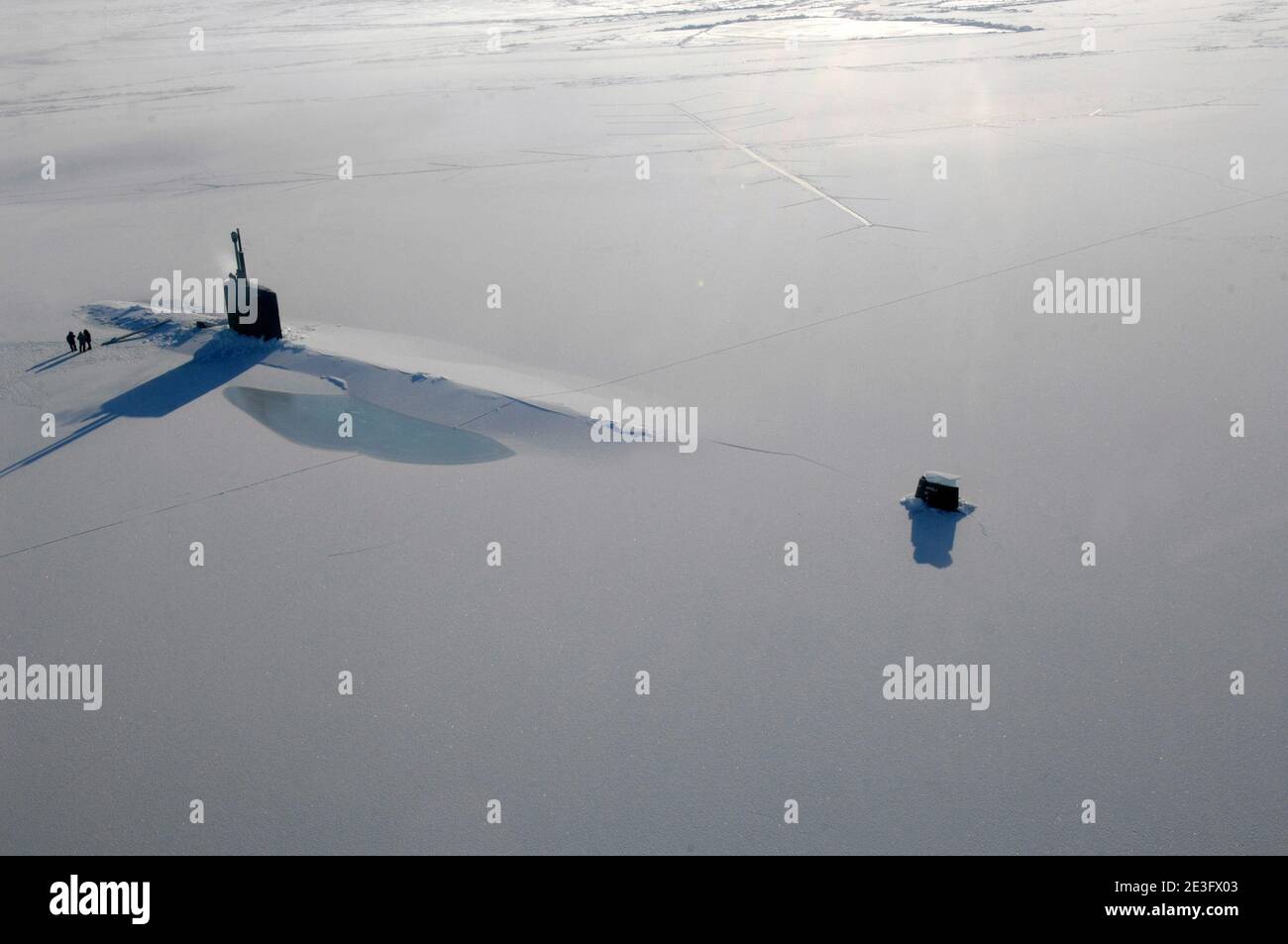 The Los Angeles-class submarine USS Annapolis is on the surface of the Arctic Ocean after breaking through three feet of ice during Ice Exercise (ICEX), on March 23, 2009. With the support from the University of Washington Applied Physics Laboratory, ICEX 2009 enables the Submarine Force to operate and train in the challenging and unique environment that characterizes the Arctic region. Photo by Tiffini M. Jones/USN via ABACAPRESS.COM Stock Photo