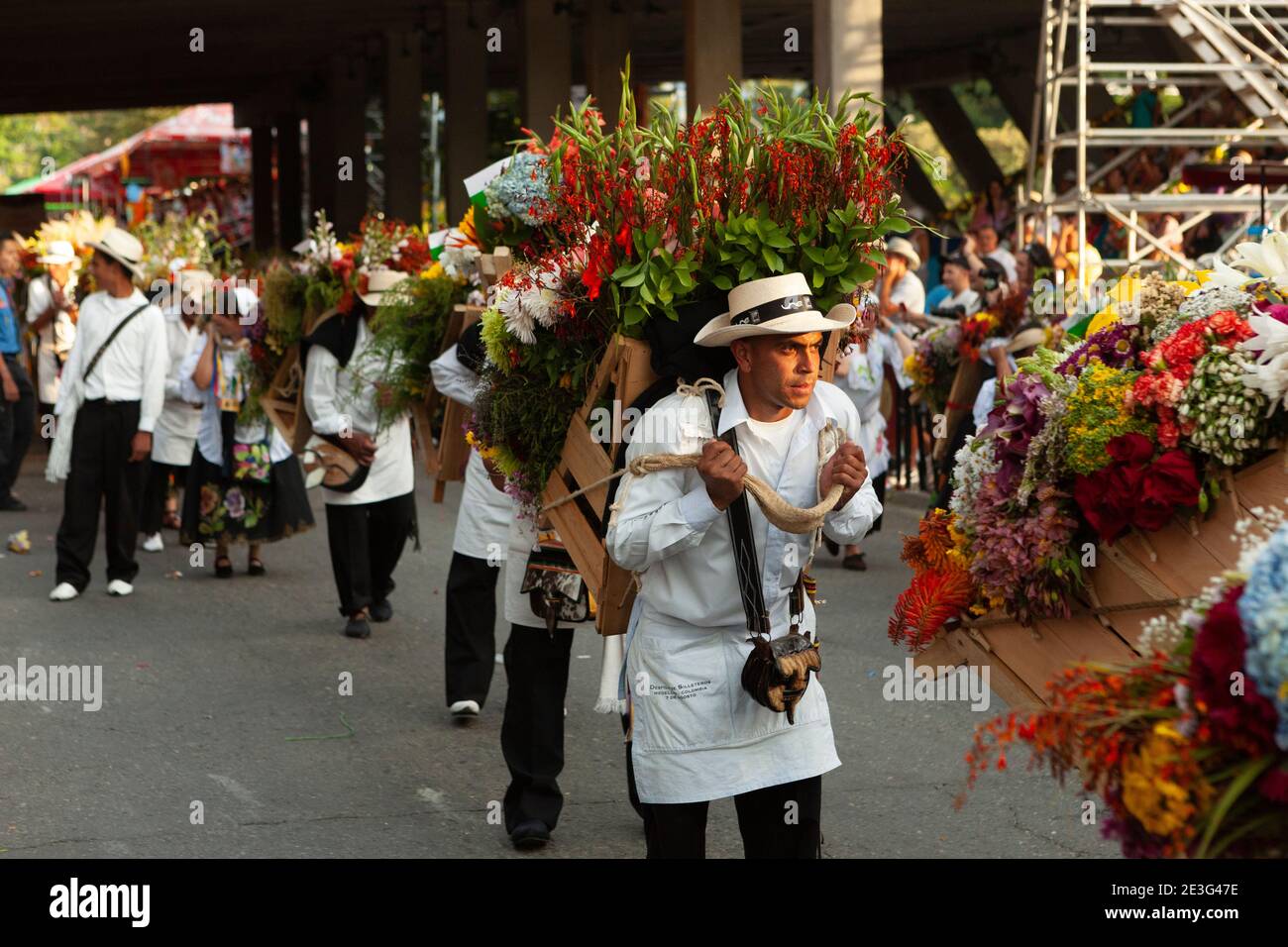 Farmer carrying large floral arrangement in the Desfile de Silleteros
