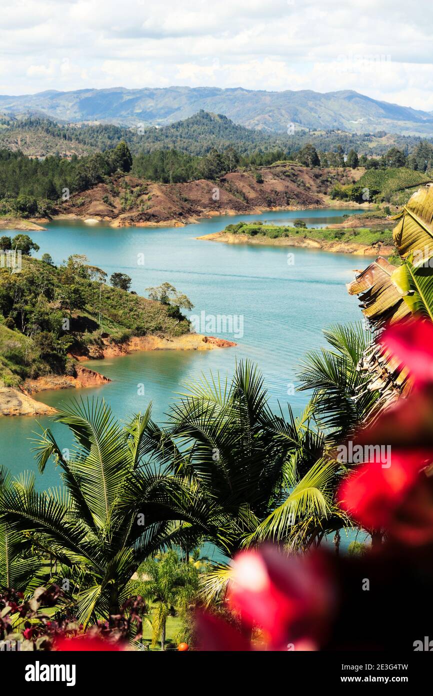 View of the beautiful lake landscapes of Guatape seen from Piedra del Peñol in Colombia Stock Photo