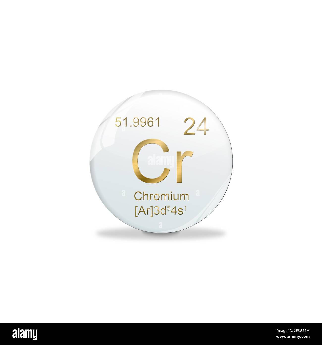 3D-Illustration, Chromium symbol - Cr. Element of the periodic table on white ball with golden signs. White background Stock Photo