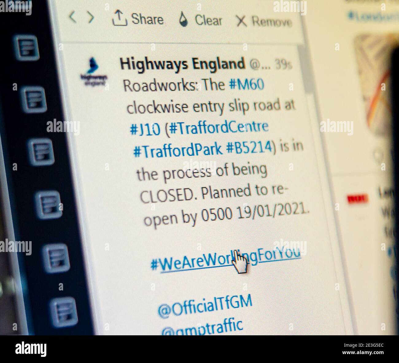 Highways England motorway roadworks closure announcement on Twitter, social media Stock Photo