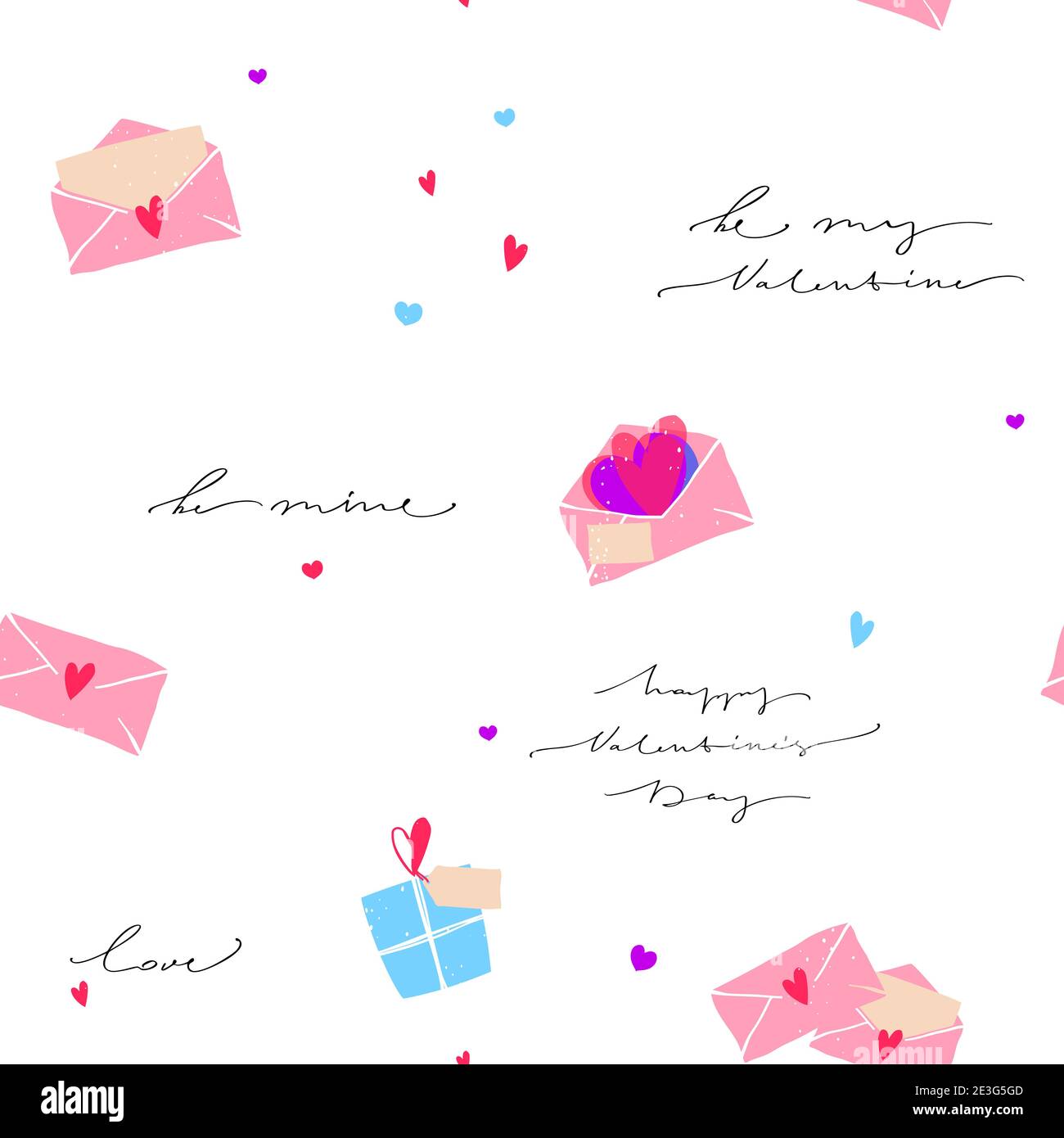 Seamless vintage pattern for valentine s day. Romantic calligraphy lettering, letters, hearts. Stock Vector