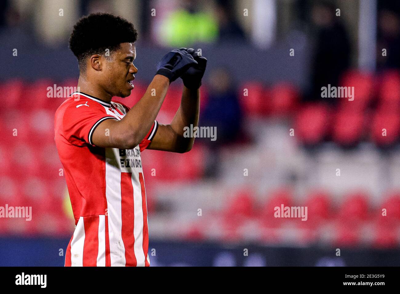 EINDHOVEN, NETHERLANDS - JANUARY 18: (L-R): Nigel Thomas of Jong PSV disappointed during the Dutch Keukenkampioendivisie match between PSV U23 and NAC Stock Photo