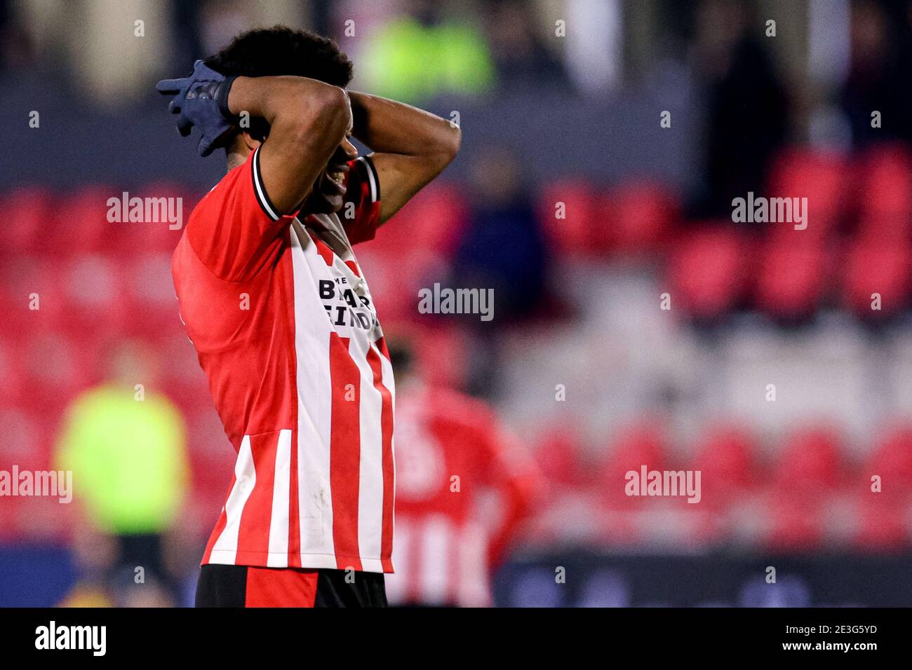 EINDHOVEN, NETHERLANDS - JANUARY 18: (L-R): Nigel Thomas of Jong PSV disappointed during the Dutch Keukenkampioendivisie match between PSV U23 and NAC Stock Photo