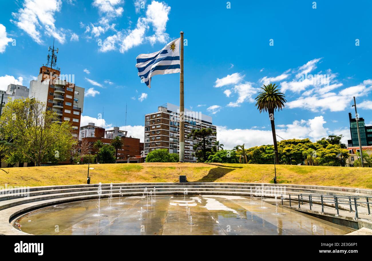 National flag of Uruguay at Tres Cruces district of Montevideo, Uruguay Stock Photo