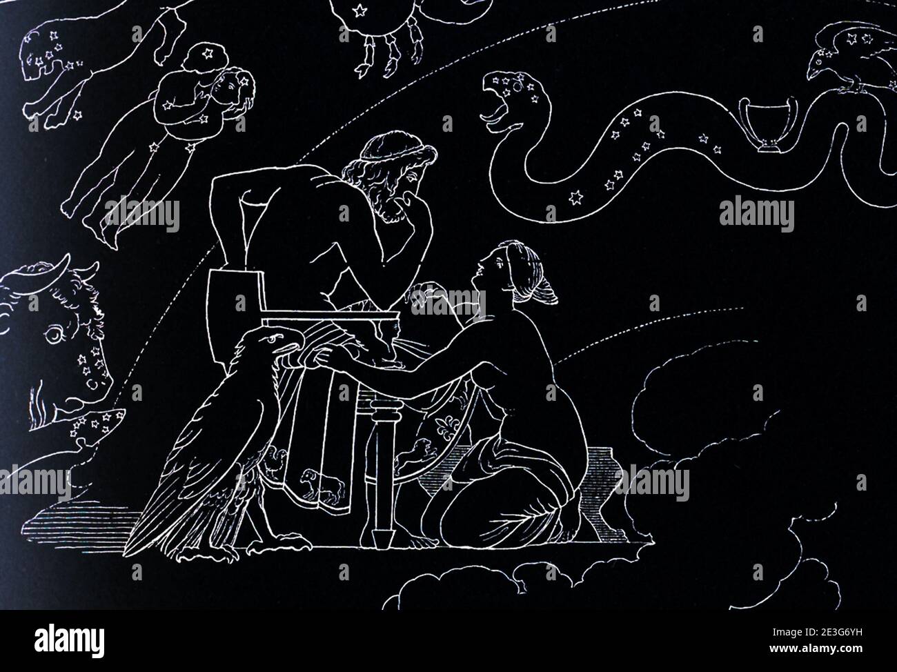 This scene is one of several designs that the English sculptor and draughtsman John Flaxman (1755–1826) did to illustrate passages from the Greek epic poet Homer's Iliad and Odyssey, a commission he had been given by Georgiana Hare-Naylor while he was living in Rome. It represents Thetis entreating Jupiter to honor Achilles.. It was done 1793. Stock Photo