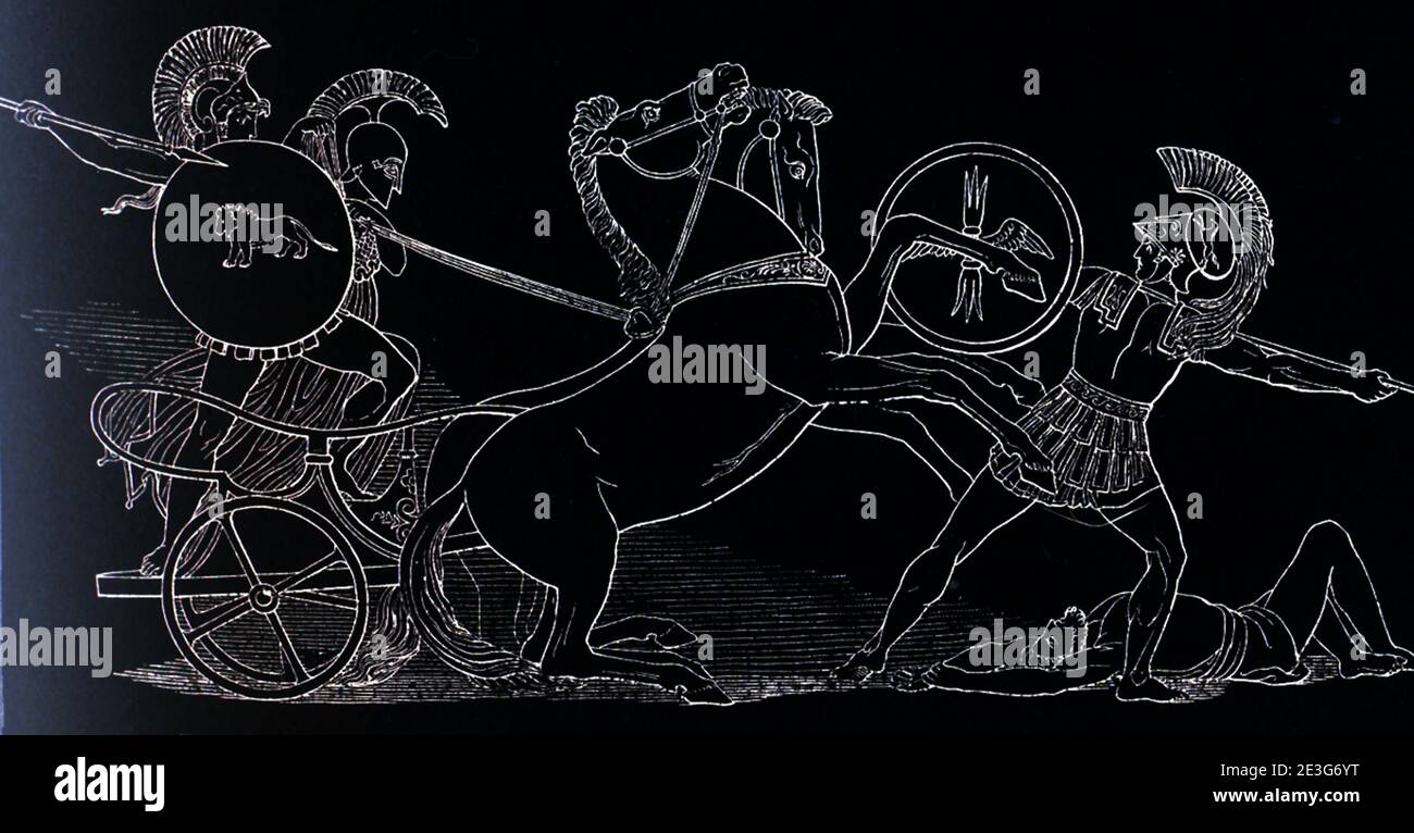 Flaxman's outline drawings illustrating Homer's Iliad   Venus wounded conducted by Iris to Mars.  Diomed casting his spear against Mars. This scene is one of several designs that the English sculptor and draughtsman John Flaxman (1755–1826) did to illustrate passages from the Greek epic poet Homer's Iliad and Odyssey, a commission he had been given by Georgiana Hare-Naylor while he was living in Rome. It represents Diomed casting a spear against Mars. It was done 1793. Stock Photo