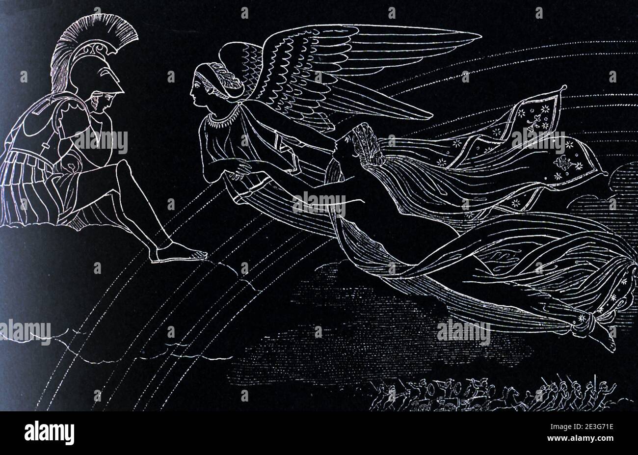 Flaxman's outline drawings illustrating Homer's Iliad   Venus wounded conducted by Iris to Mars.  Diomed casting his spear against Mars. This scene is one of several designs that the English sculptor and draughtsman John Flaxman (1755–1826) did to illustrate passages from the Greek epic poet Homer's Iliad and Odyssey, a commission he had been given by Georgiana Hare-Naylor while he was living in Rome. It represents Venus wounded and conducted by Iris to Mars. It was done 1793. Stock Photo