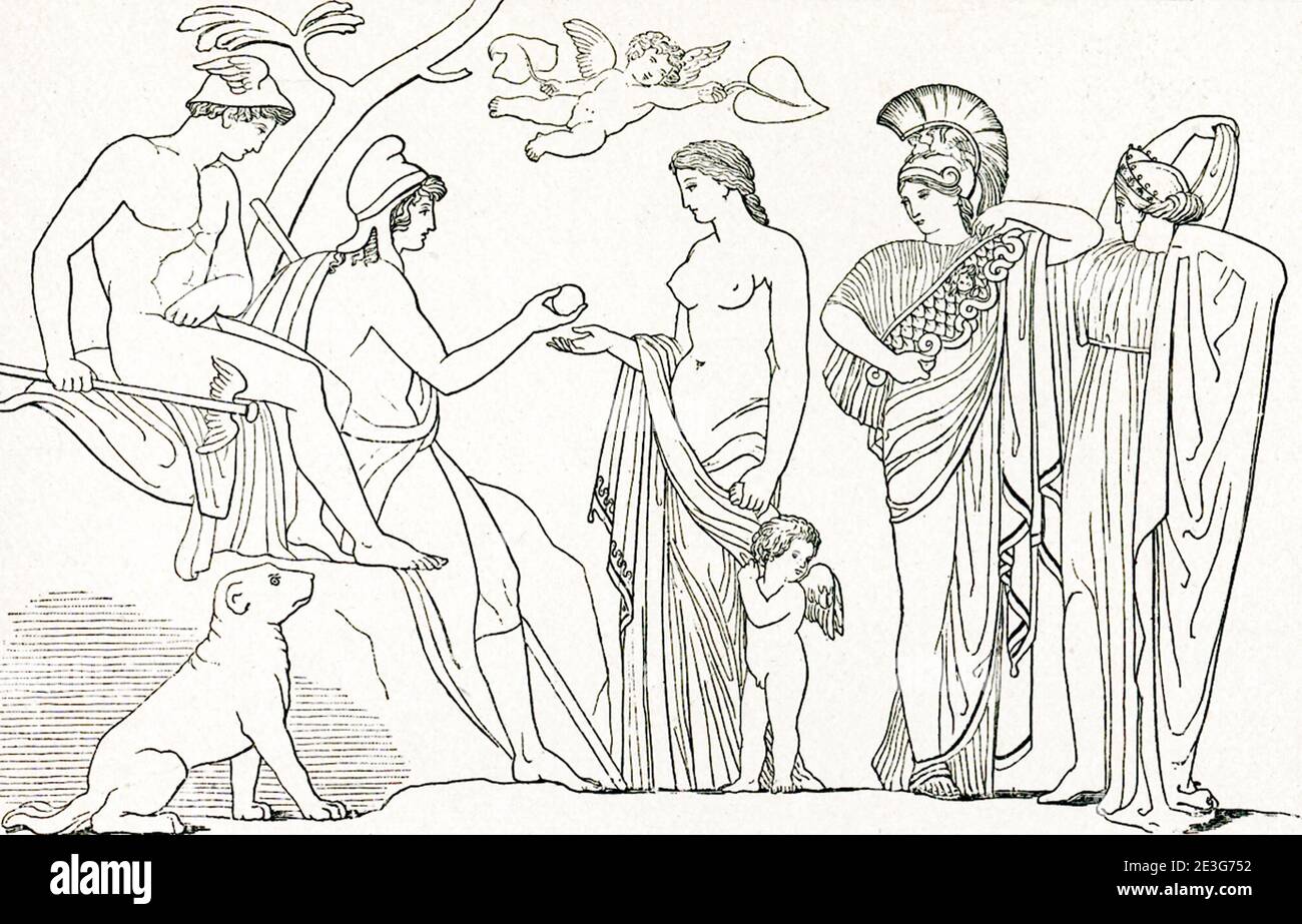 This scene is one of several designs that the English sculptor and draughtsman John Flaxman (1755–1826) did to illustrate passages from the Greek epic poet Homer's Iliad and Odyssey, a commission he had been given by Georgiana Hare-Naylor while he was living in Rome. It represents Judgment of Paris. It was done 1793. Stock Photo