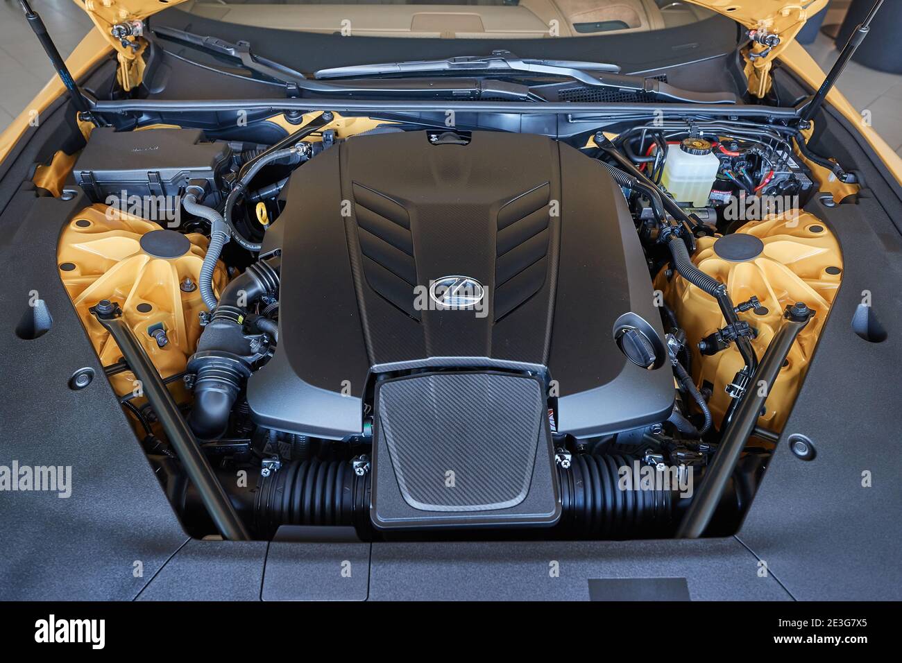 Car Engine Bay Lexus LC V8 Stock Photo