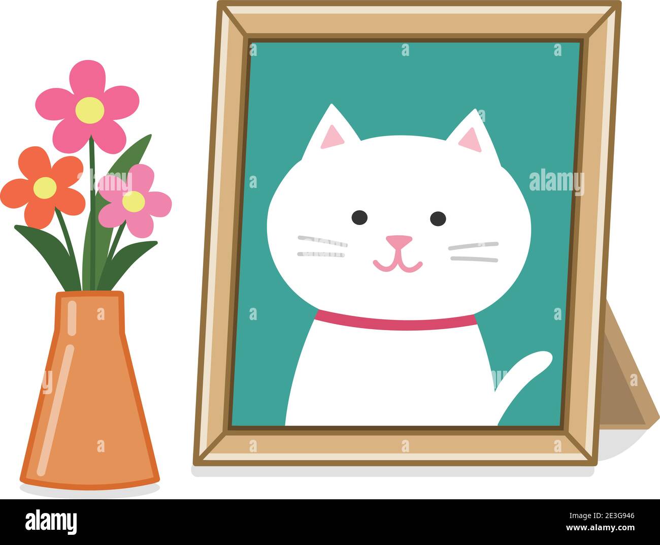 Portrait of a deceased white cat with offer flowers. Vector illustration isolated on white background. Stock Vector