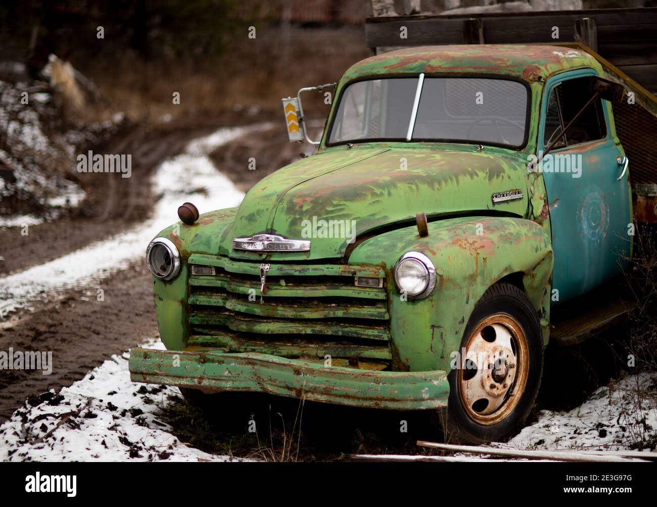 A green, early 1949 Chevrolet Loadmaster 1 ton stakebody work truck