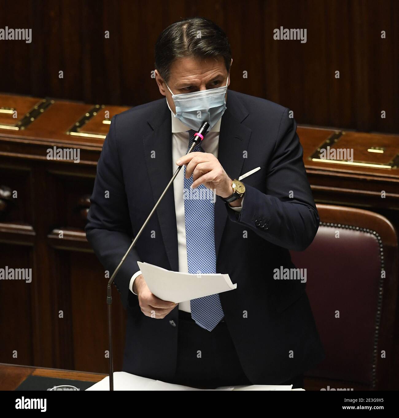 Rome. 19th Jan, 2021. Italian Prime Minister Giuseppe Conte addresses the lower house of Parliament in Rome, Italy, on Jan. 18, 2021. Italian Prime Minister Giuseppe Conte won a confidence vote at the Lower House of Parliament on Monday by 321 in favor, 259 against and 27 abstaining. Conte sought the confidence vote after former Prime Minister Matteo Renzi, now a senator who leads the Italia Viva party, pulled out of the ruling majority last week, sparking a government crisis. Credit: Xinhua/Alamy Live News Stock Photo