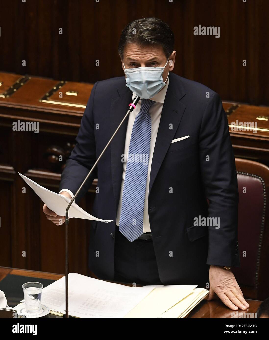 Rome. 19th Jan, 2021. Italian Prime Minister Giuseppe Conte addresses the lower house of Parliament in Rome, Italy, on Jan. 18, 2021. Italian Prime Minister Giuseppe Conte won a confidence vote at the Lower House of Parliament on Monday by 321 in favor, 259 against and 27 abstaining. Conte sought the confidence vote after former Prime Minister Matteo Renzi, now a senator who leads the Italia Viva party, pulled out of the ruling majority last week, sparking a government crisis. Credit: Xinhua/Alamy Live News Stock Photo