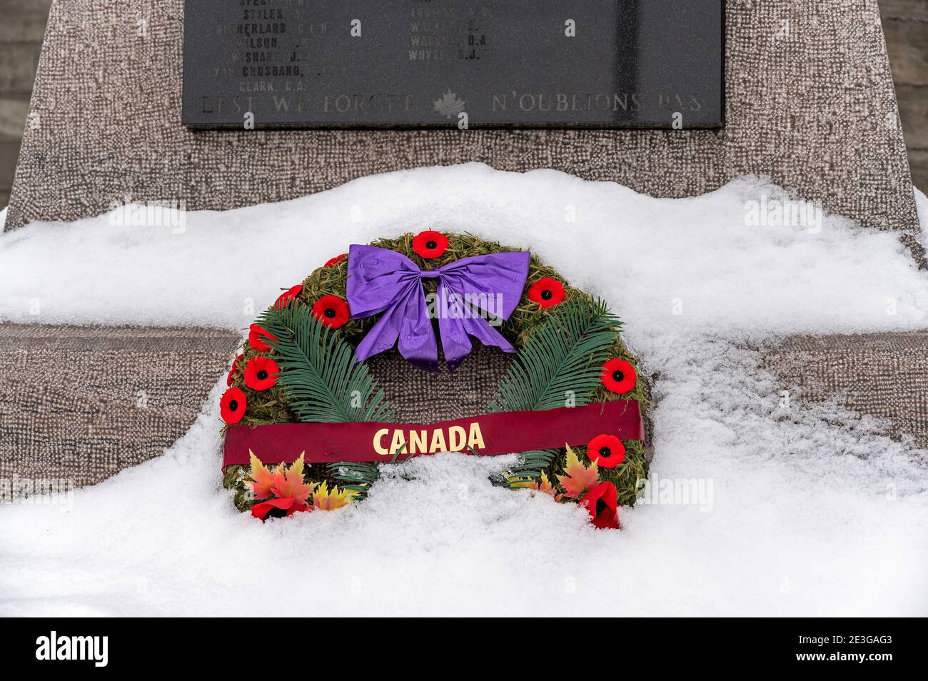 a single wreath partially covered in snow remains at the war memorial long after the service has ended. Stock Photo