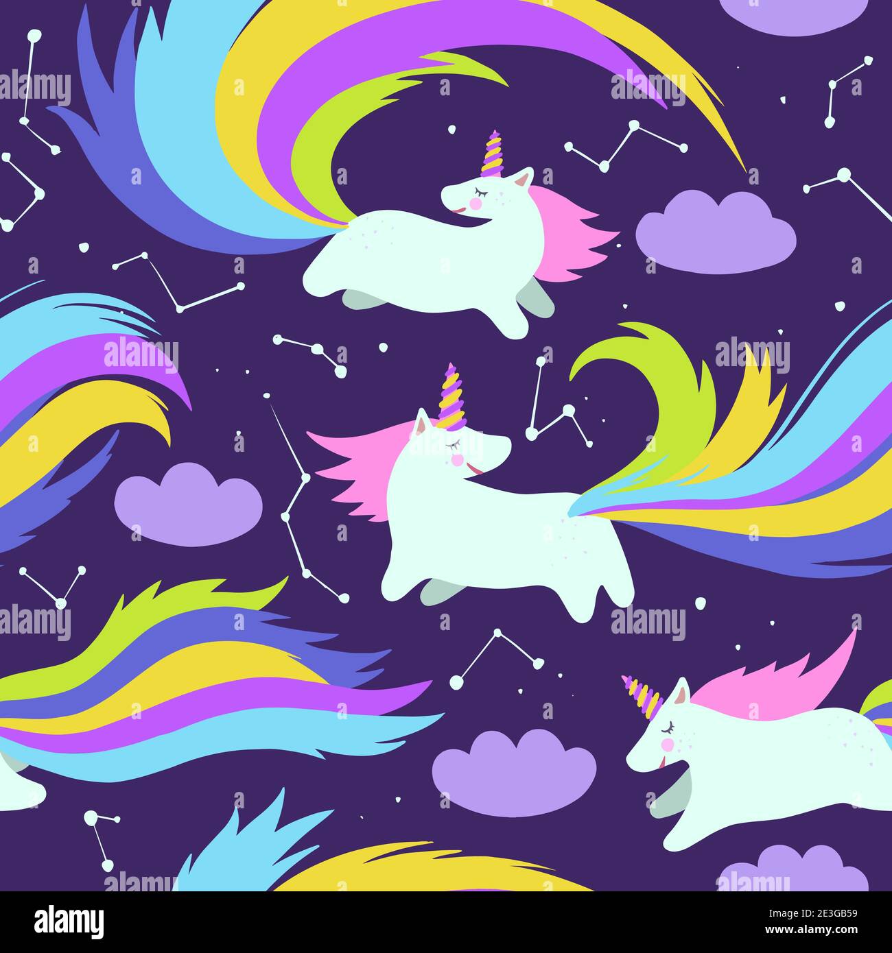 Cute seamless pattern with adorable little unicorns in the night sky ...