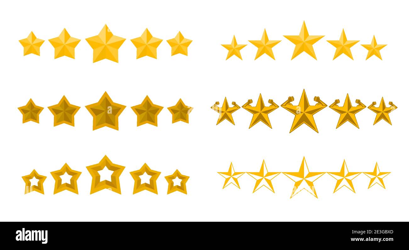 Five stars collection, vector illustration. 5 Gold stars rating set isolated on white background. Stock Vector