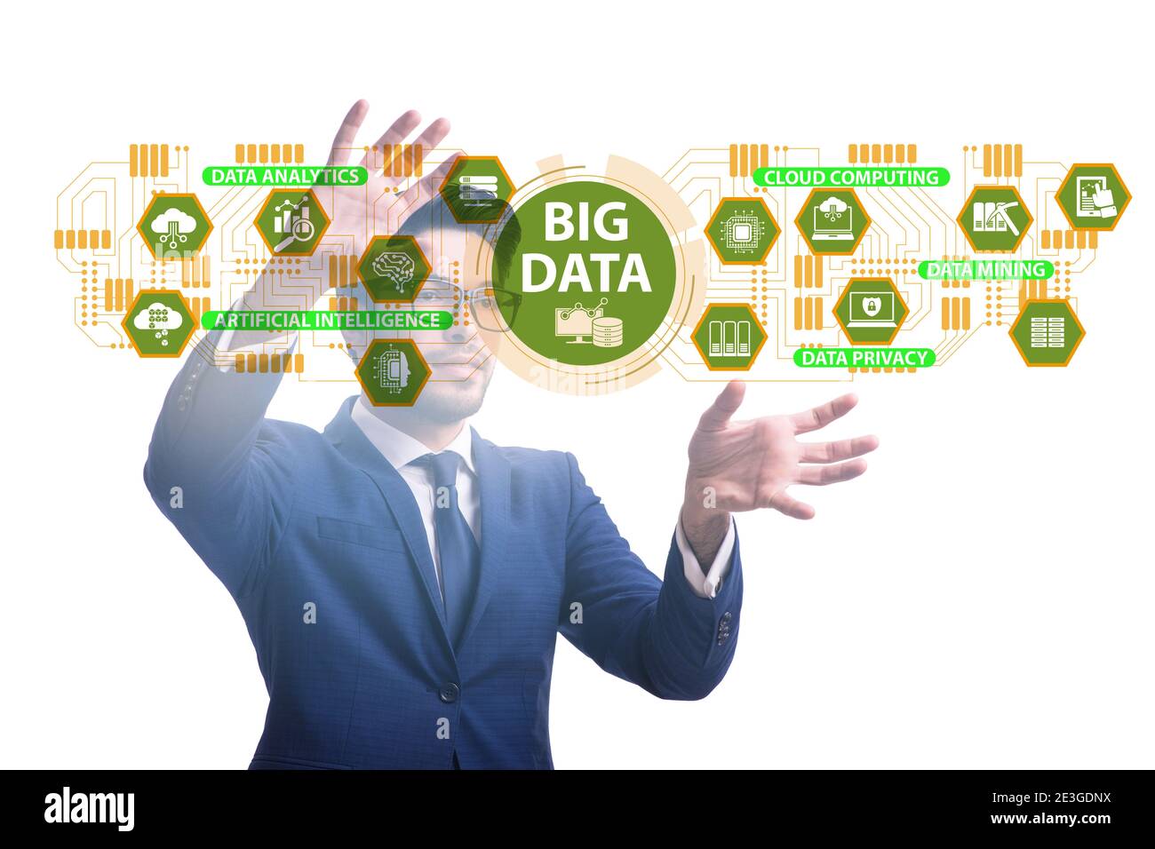 Big data concept with the businessman pressing virtual button Stock Photo
