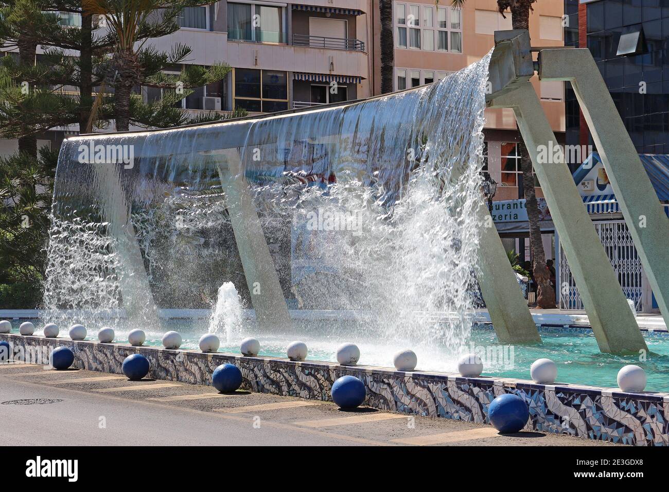 Torrevieja, Spain. The waterfall fountain in the centre of the town by
