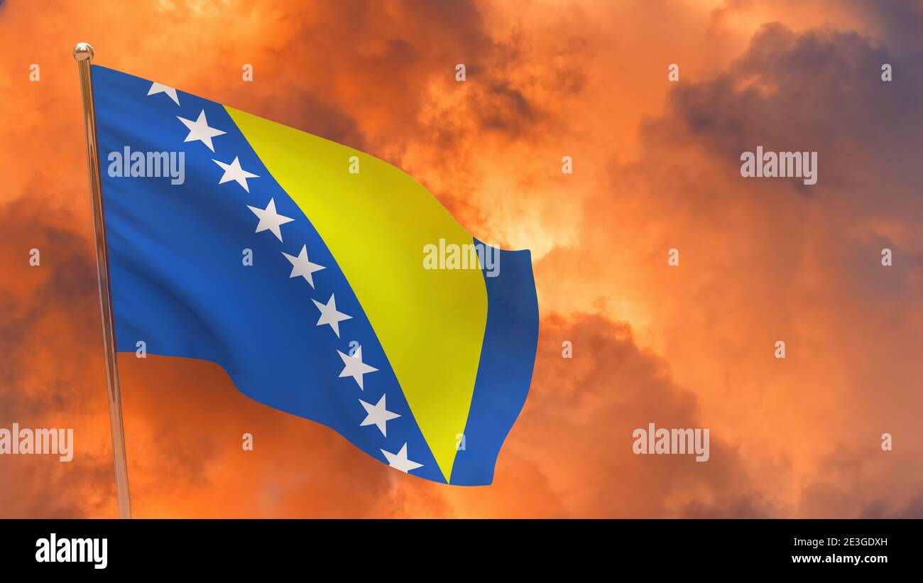 Bosnia and Herzegovina flag on pole. Dramatic background. National flag ...