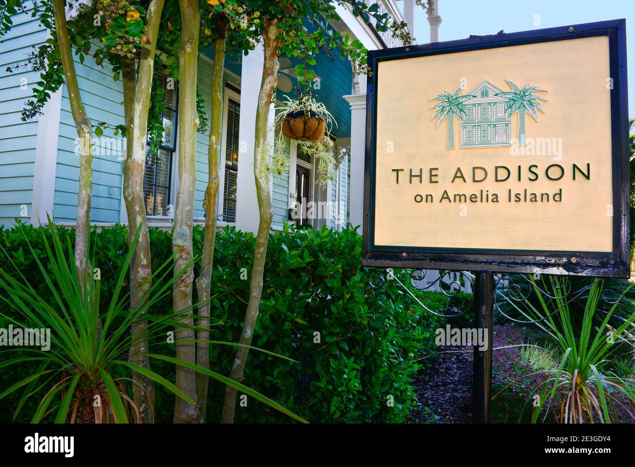 Close up of trendy sign for the the building, The Addison, a Victorian style B&B in Fernandina Beach on Amelia Island, Florida, Stock Photo