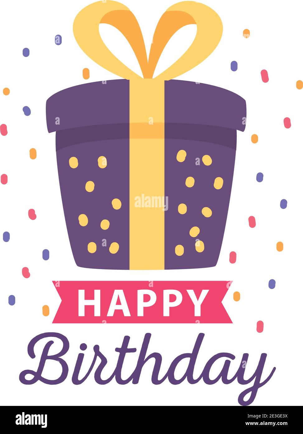 happy birthday badge with gift box and confetti decoration vector illustration design Stock Vector