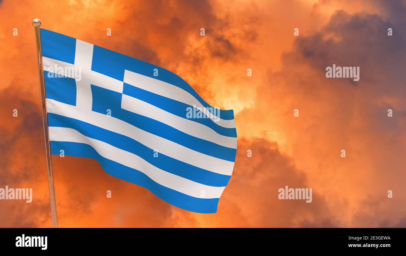 Greece flag on pole. Dramatic background. National flag of Greece Stock