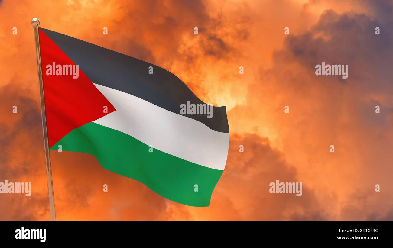Palestine flag on pole. Dramatic background. National flag of Palestine